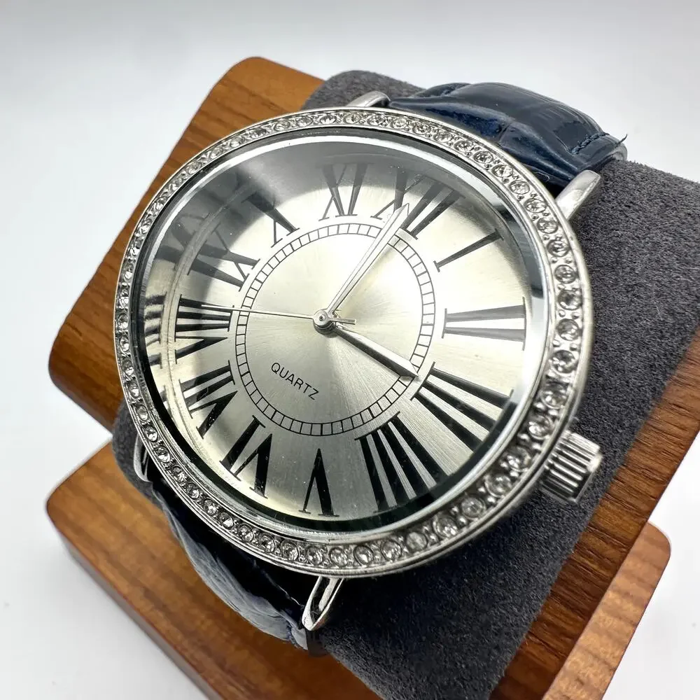 Chico's Quartz Watch Blue Leather Strap Rhinestone Bezel Roman Dial